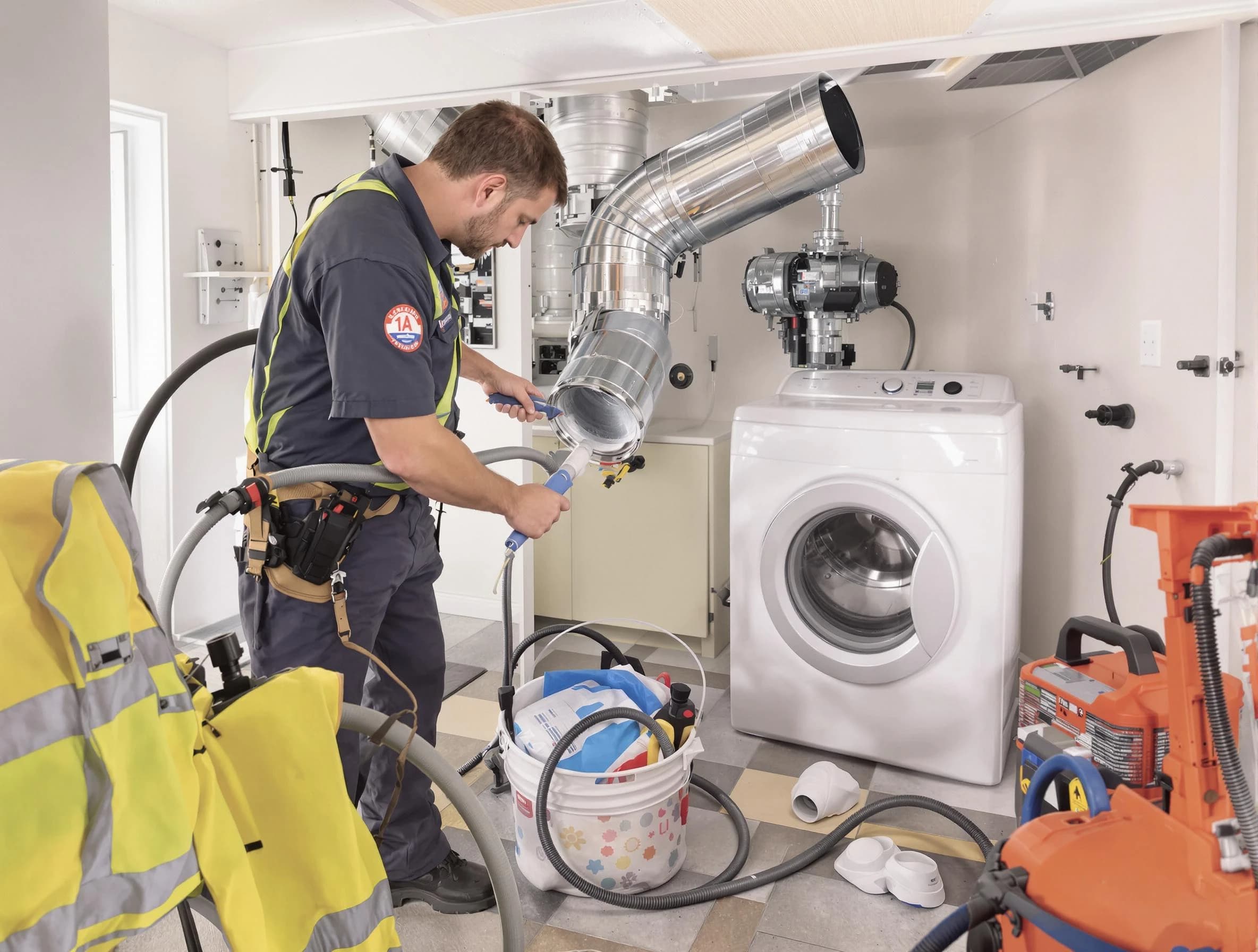 Mesa Dryer Vent Cleaning technician using specialized equipment to clear severe dryer vent blockage in Mesa