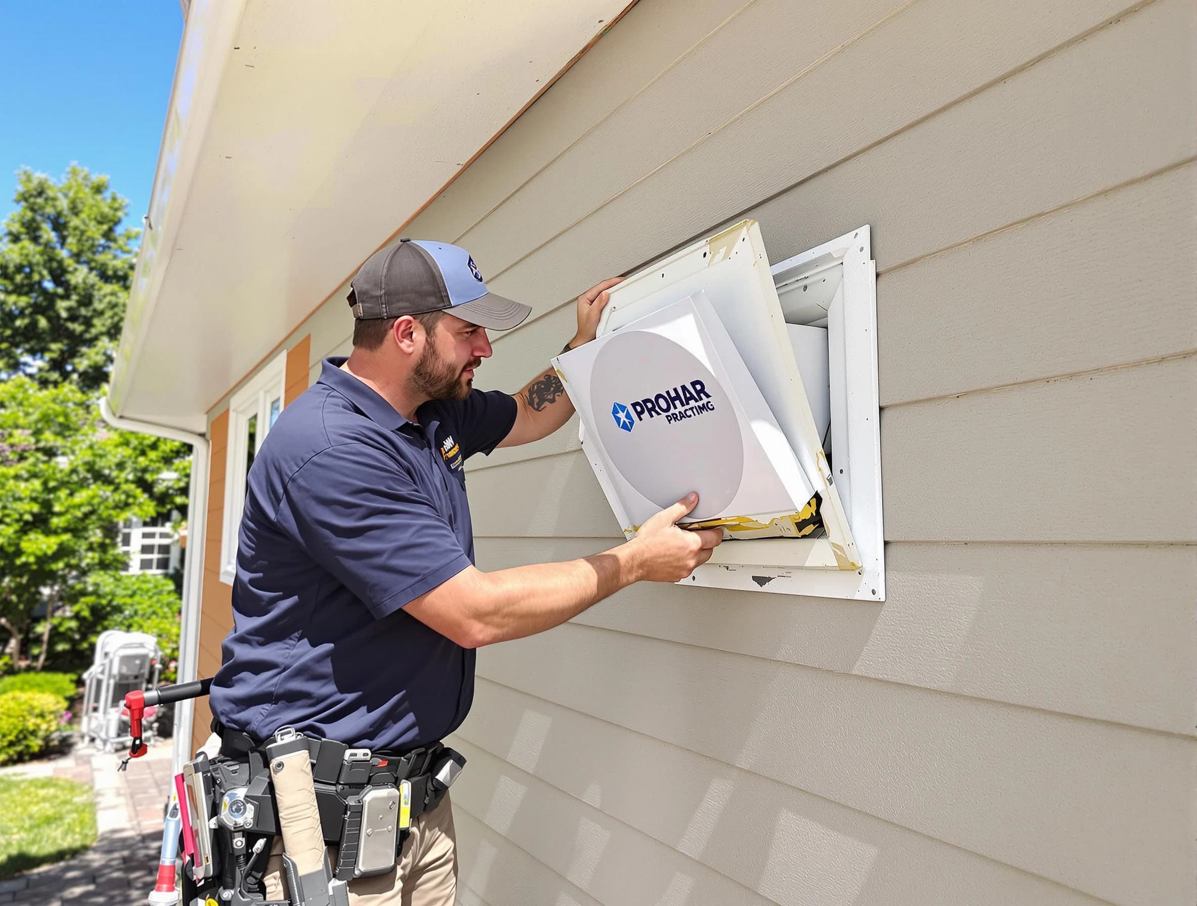Mesa Dryer Vent Cleaning technician installing a new protective dryer vent cover on a home in Mesa