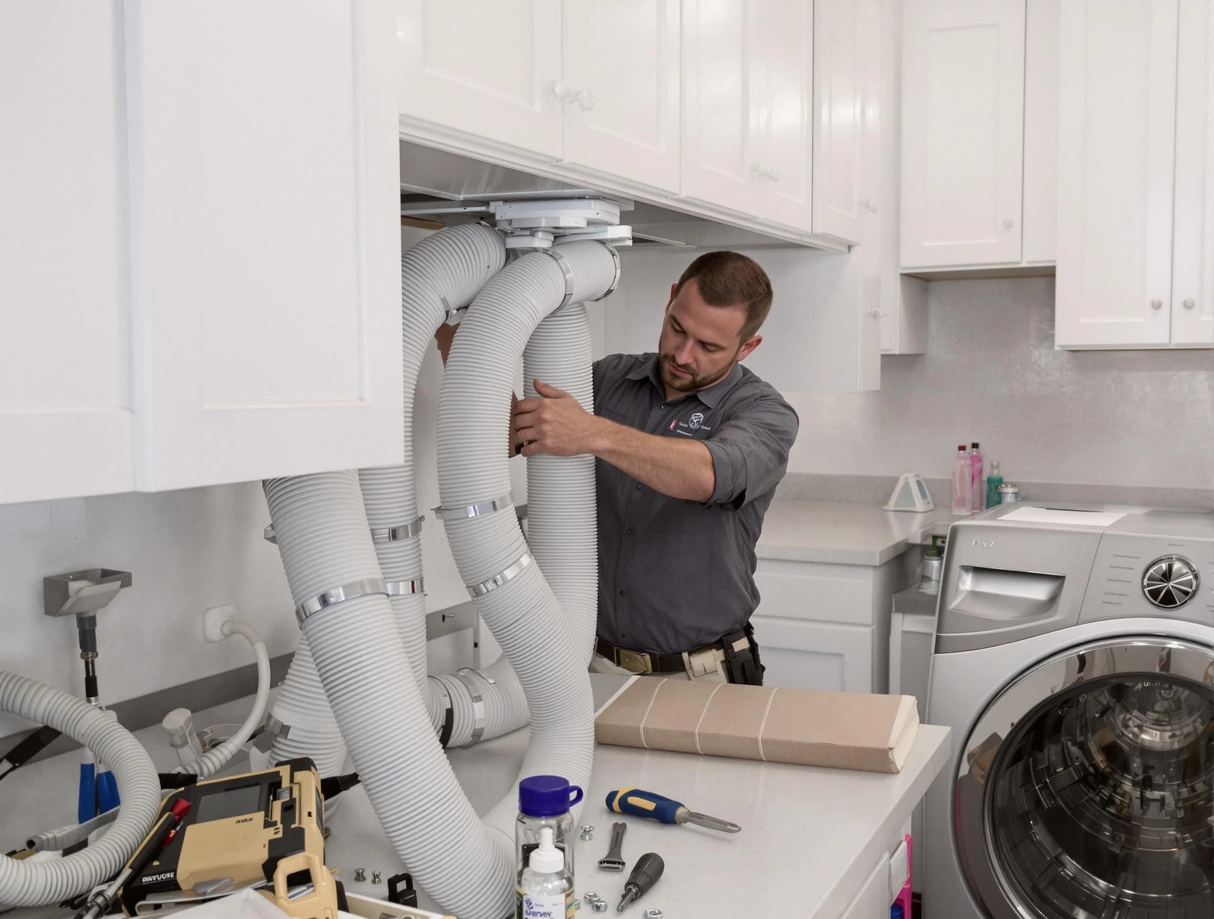 Mesa Dryer Vent Cleaning technician installing a new professional-grade dryer vent hose in Mesa