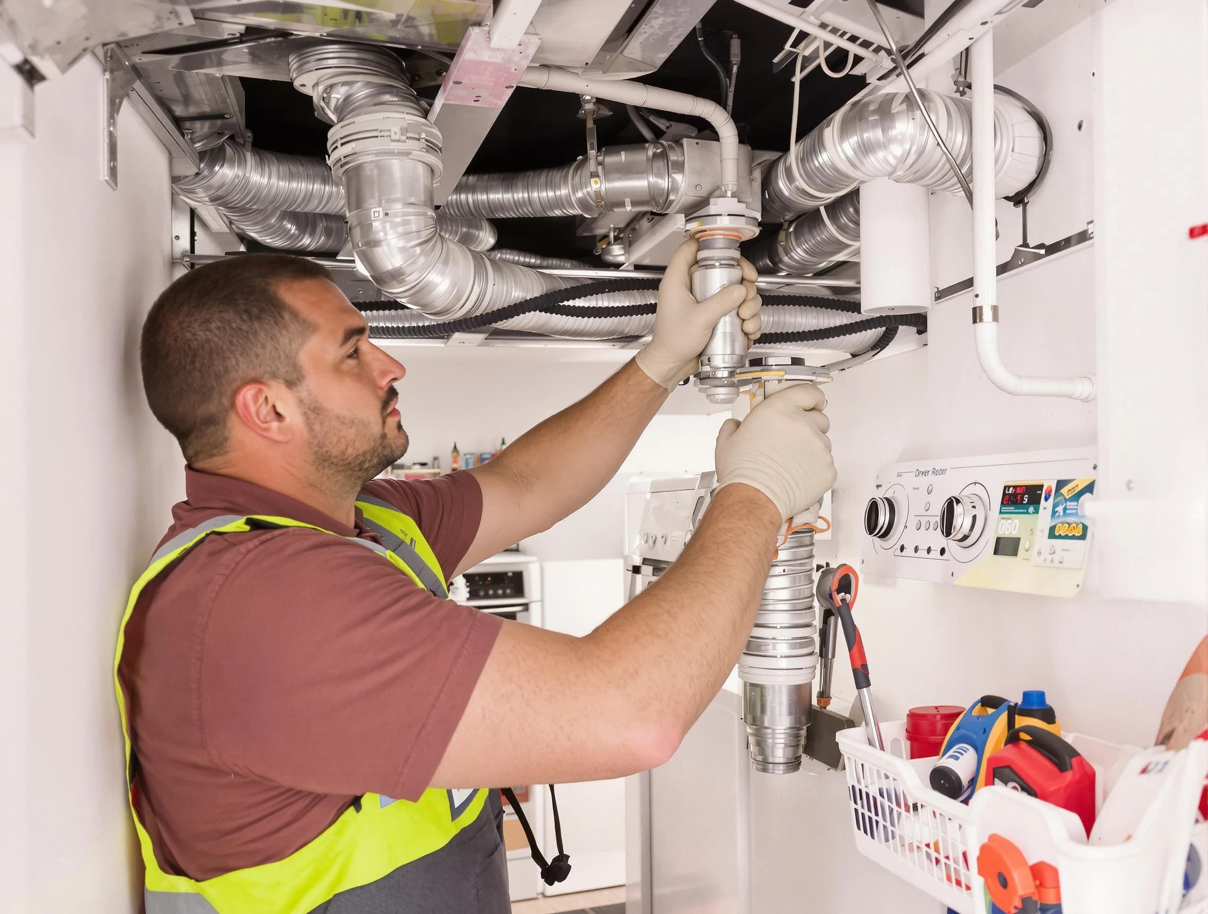 Mesa Dryer Vent Cleaning expert performing both repair and installation work on a dryer vent system in Mesa