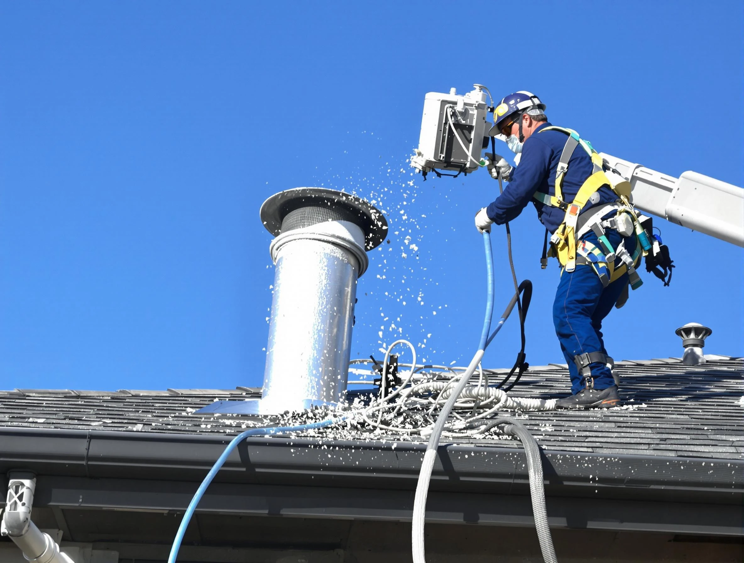 Mesa Dryer Vent Cleaning certified technician safely cleaning a roof-mounted dryer vent in Mesa